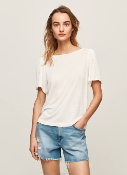 blanco camiseta jaspeada con cuello barco Pepe Jeans 06X4452 mujer