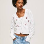 blanco cárdigan de algodón con flores bordadas Pepe Jeans 06X4231 mujer