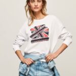 blanco jersey de algodón con motivo de bandera del Reino Unido Pepe Jeans 06X4266 mujer