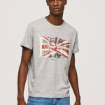 gris marga camiseta con el logo de la bandera y la bandera ondeando Pepe Jeans 06X4936 hombres