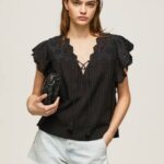 negro blusa de algodón con detalles calados Pepe Jeans 06X4336 mujer