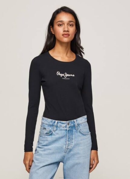 negro camiseta de manga larga de algodón Pepe Jeans 06X4471 mujer