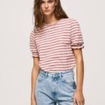rubor oscuro playera a rayas con volantes en las mangas Pepe Jeans 06X4392 mujer